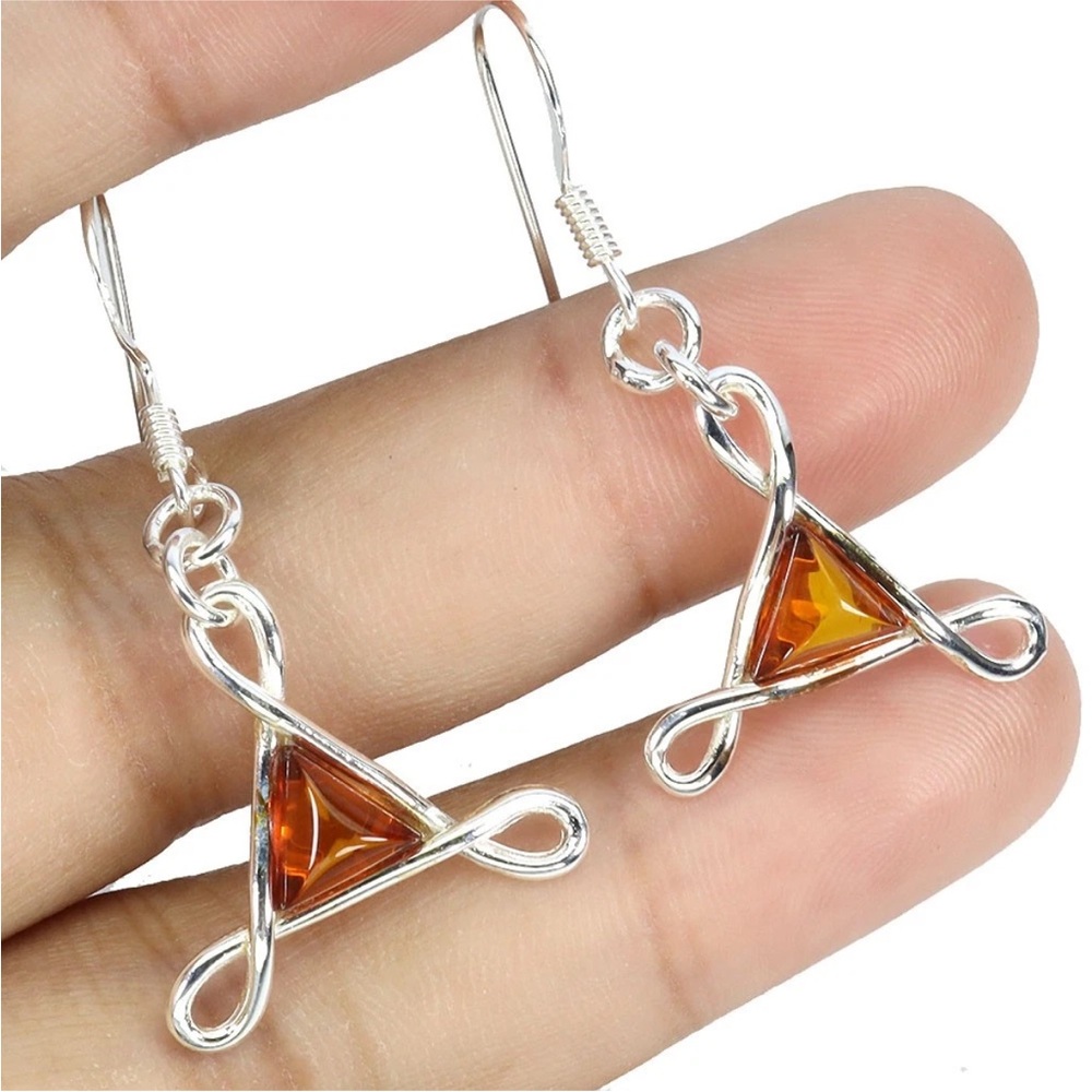 Poland Amber Trillion Earrings in Sterling Silver.